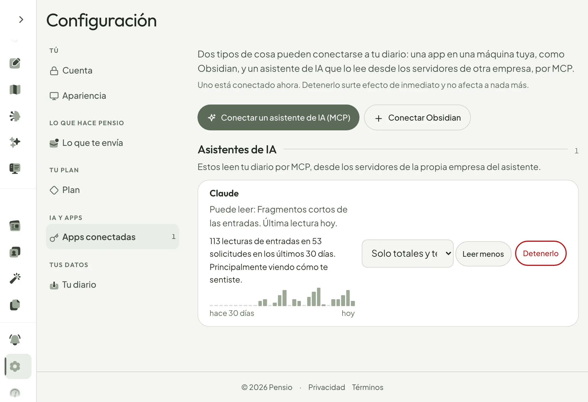 La fila de Apps conectadas de Claude: puede leer fragmentos cortos, leyó por última vez hoy, un gráfico de treinta días de lecturas y los botones Leer menos y Detenerlo.