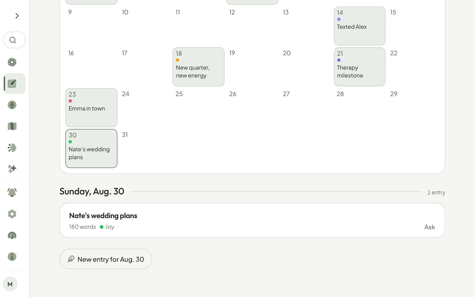 The journal switching to Calendar, going back a month and opening a day: written days show a title and coloured dots, other days are left blank.