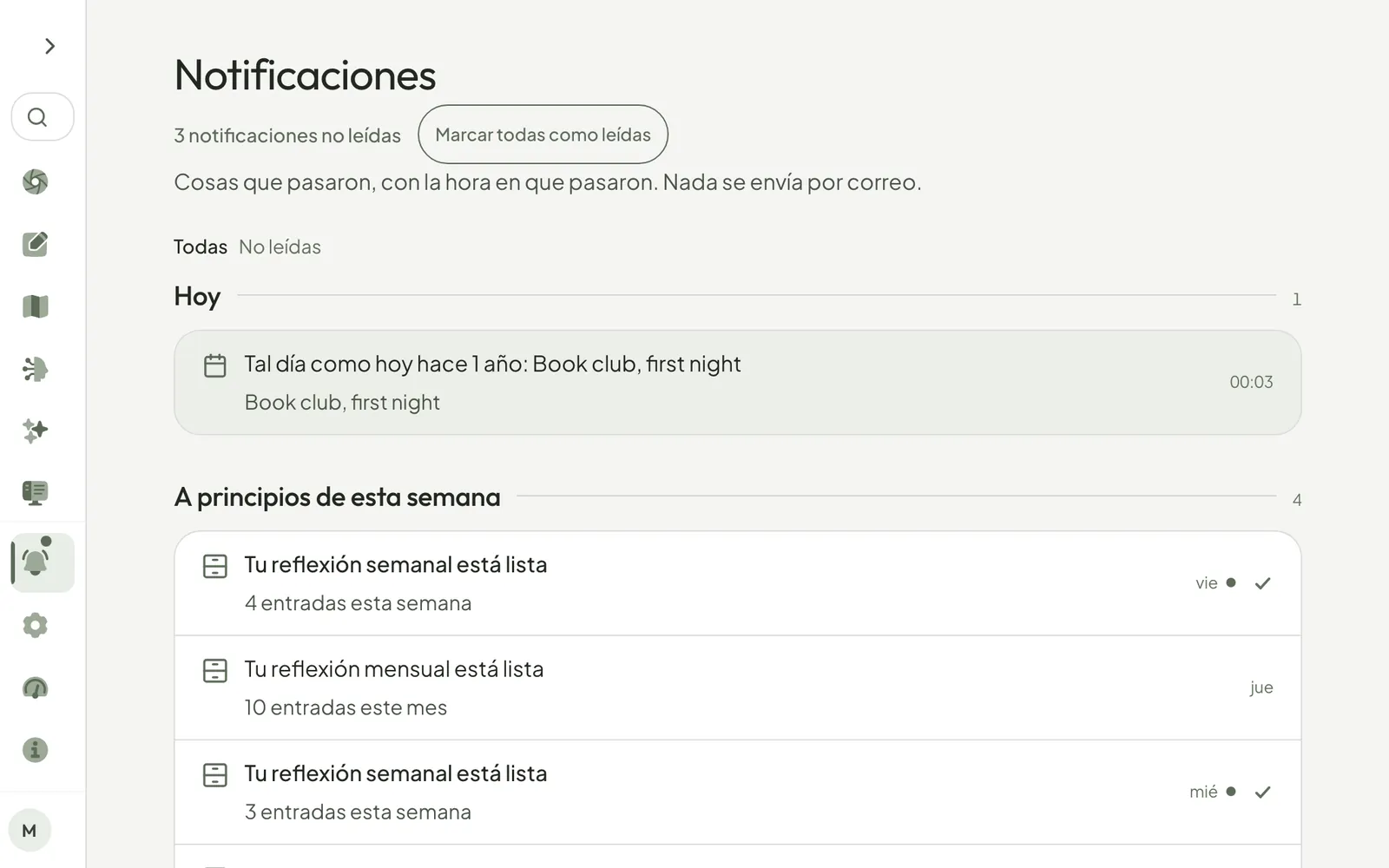 La página de Notificaciones: se toca la palomita junto a una notificación, luego junto a otra, y el conteo de no leídas baja de 5 a 3.