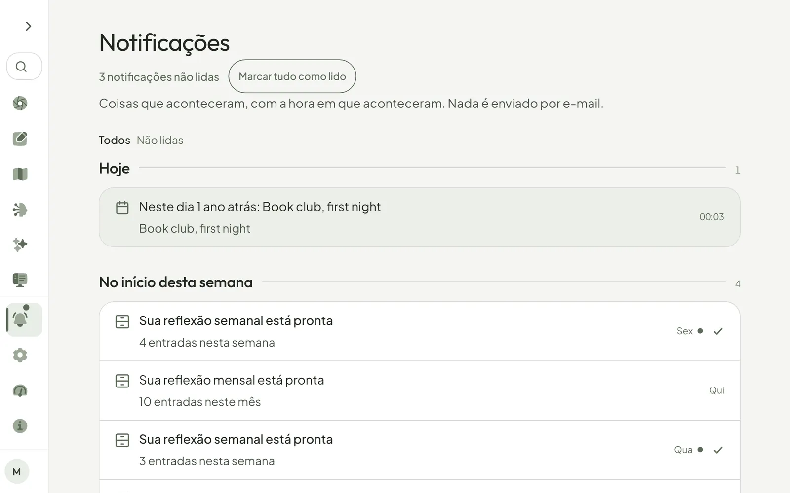A página de Notificações: um toque no visto ao lado de uma notificação, depois de outra, e a contagem de não lidas caindo de 5 para 3.