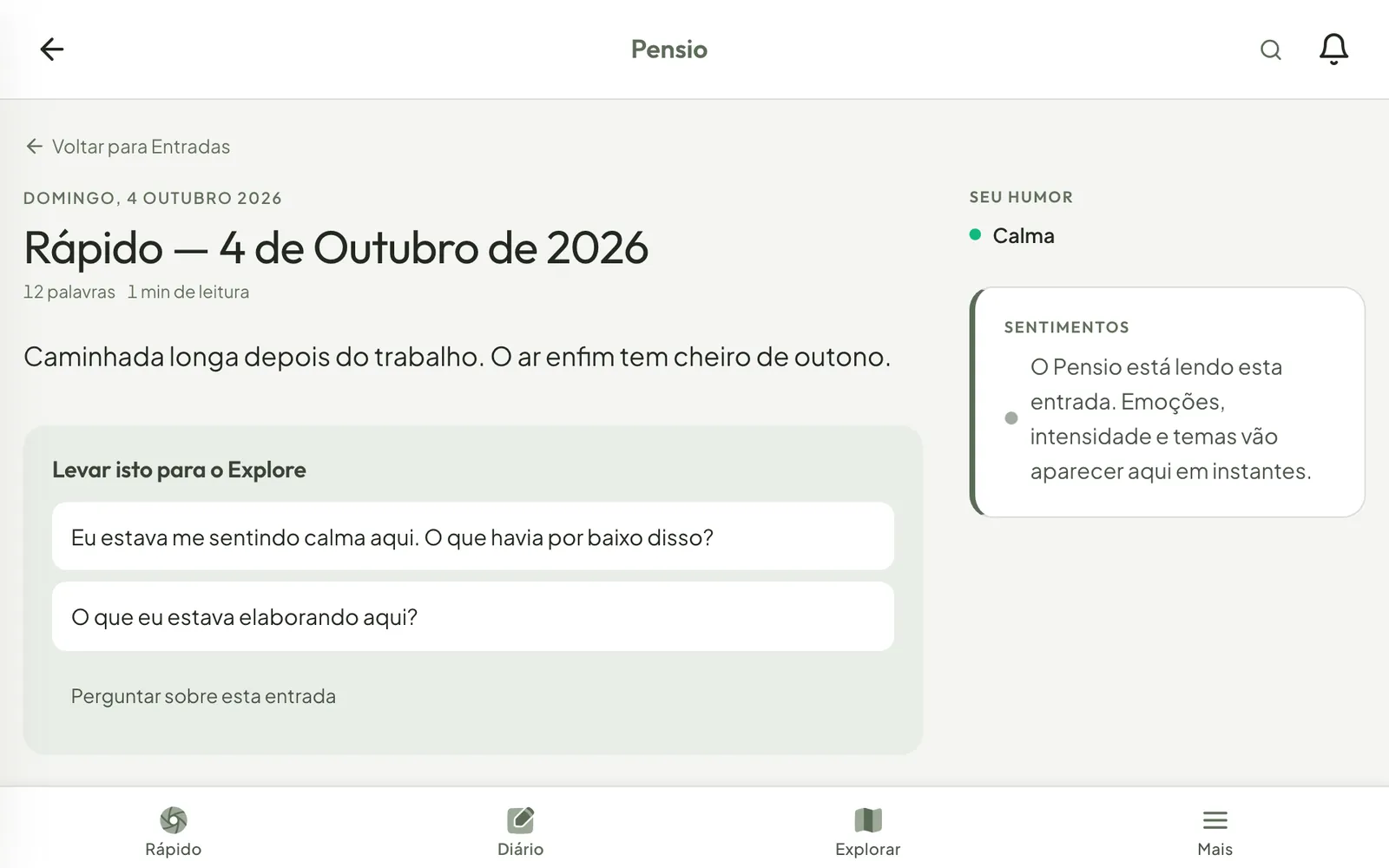 Captura Rápida: marcar Calma, escrever uma linha e capturar, e depois a entrada mostrando Seu humor, Calma, ao lado das palavras.